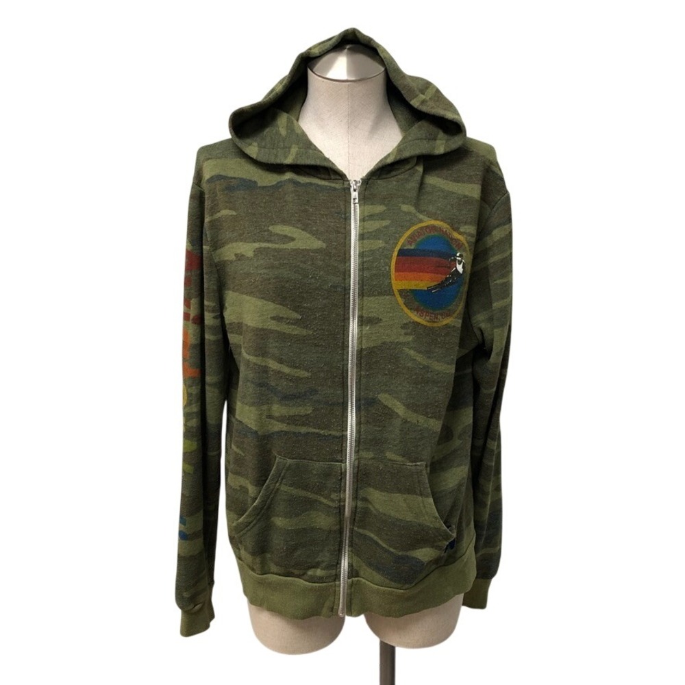 Aviator Nation Zip Hoodie Mens Medium Green Camo Aspen CO Rainbow Graphic